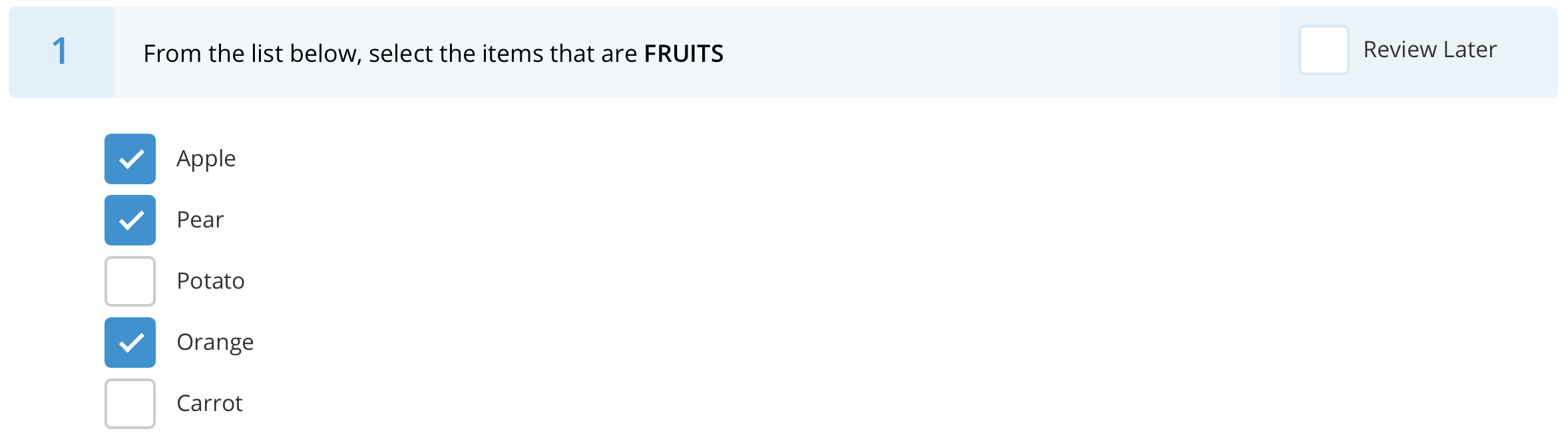 Multiple Select Sample Question - Select Fruits