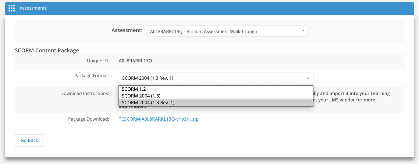 Assessment SCORM Content.Package files screen