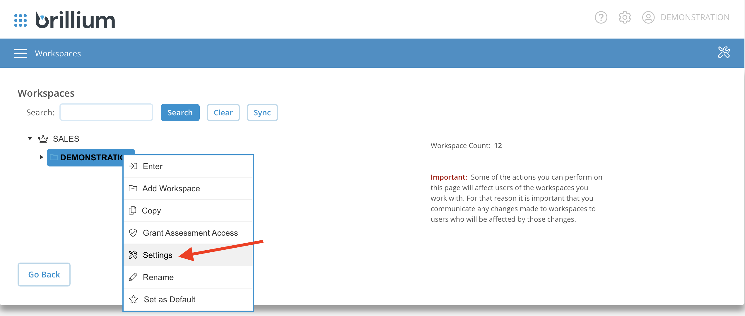 Image showing Workspace Settings option when right-clicking the Workspace name