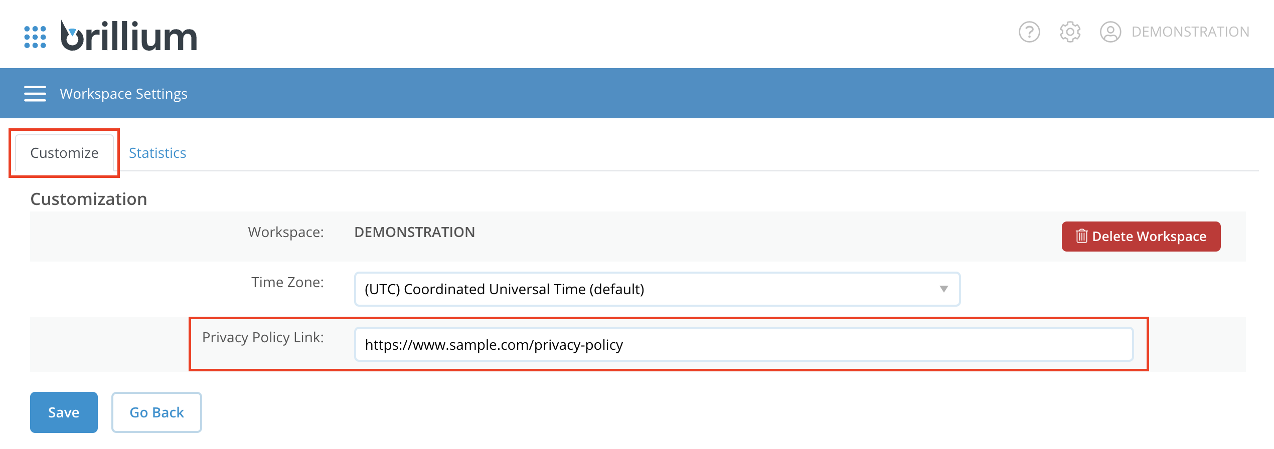 Image showing the Workspace Privacy Policy Link input field
