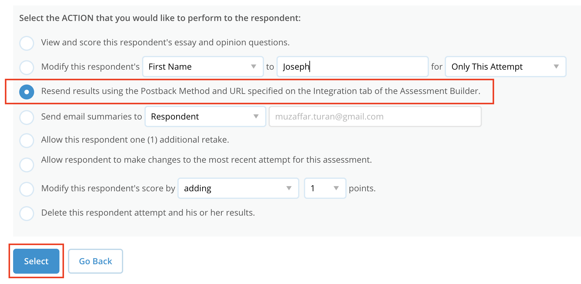 Screen image highlighting the option to resend results to a learner