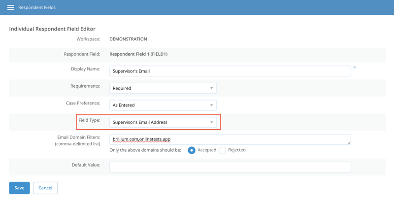 Screen image of Supervisor Respondent Field Options