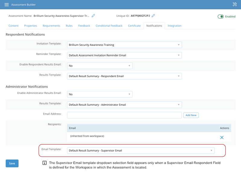 Screen image of  Supervisor notifications email template selection