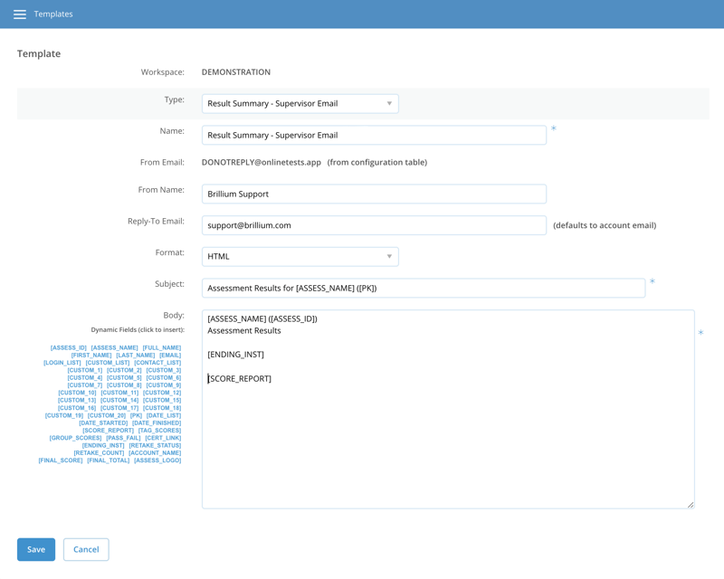 Screen image of Supervisor email template customization options