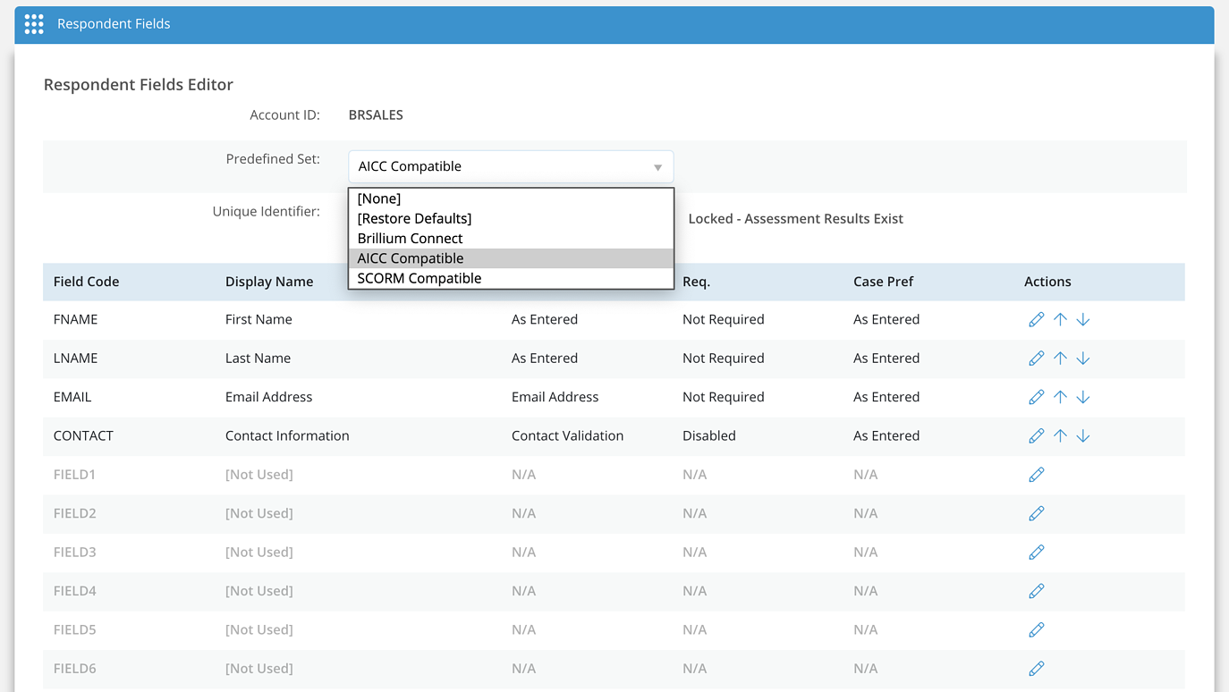 Screen Image of AICC Preset Respondent Field selection