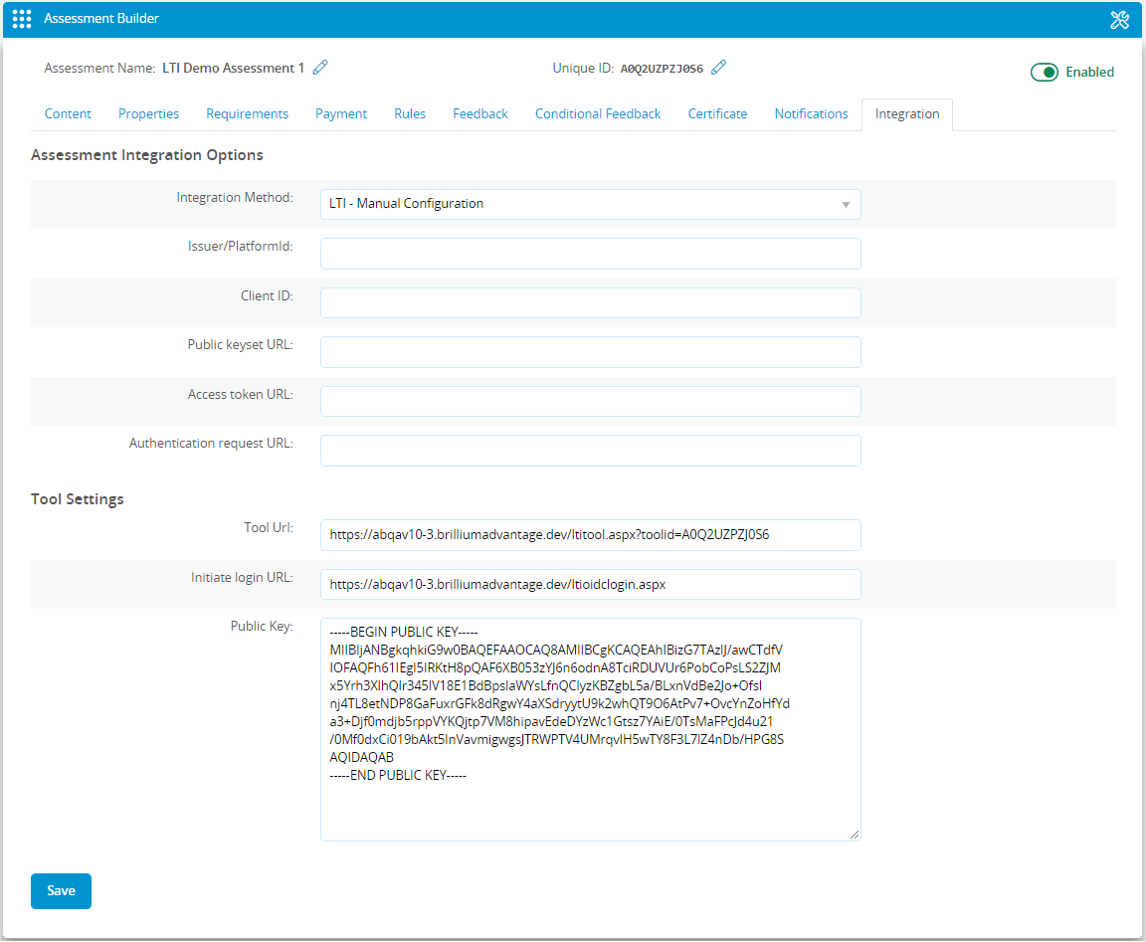 Screen image of LTI Integration Configuration Settings
