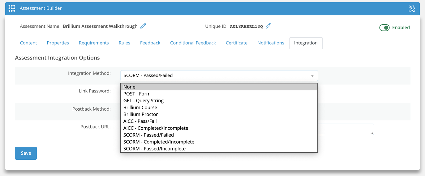 Screen image of Assessment Builder Integration tab SCORM method selection.png