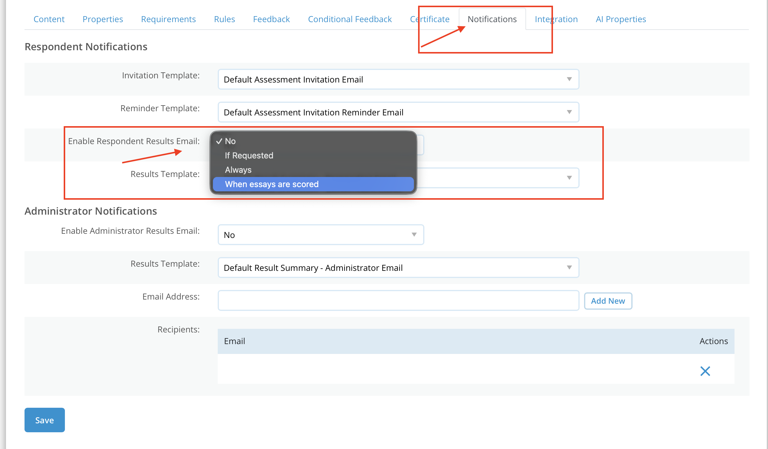 image of Respondent Results Email-When Essays Are Scored dropdown menu example