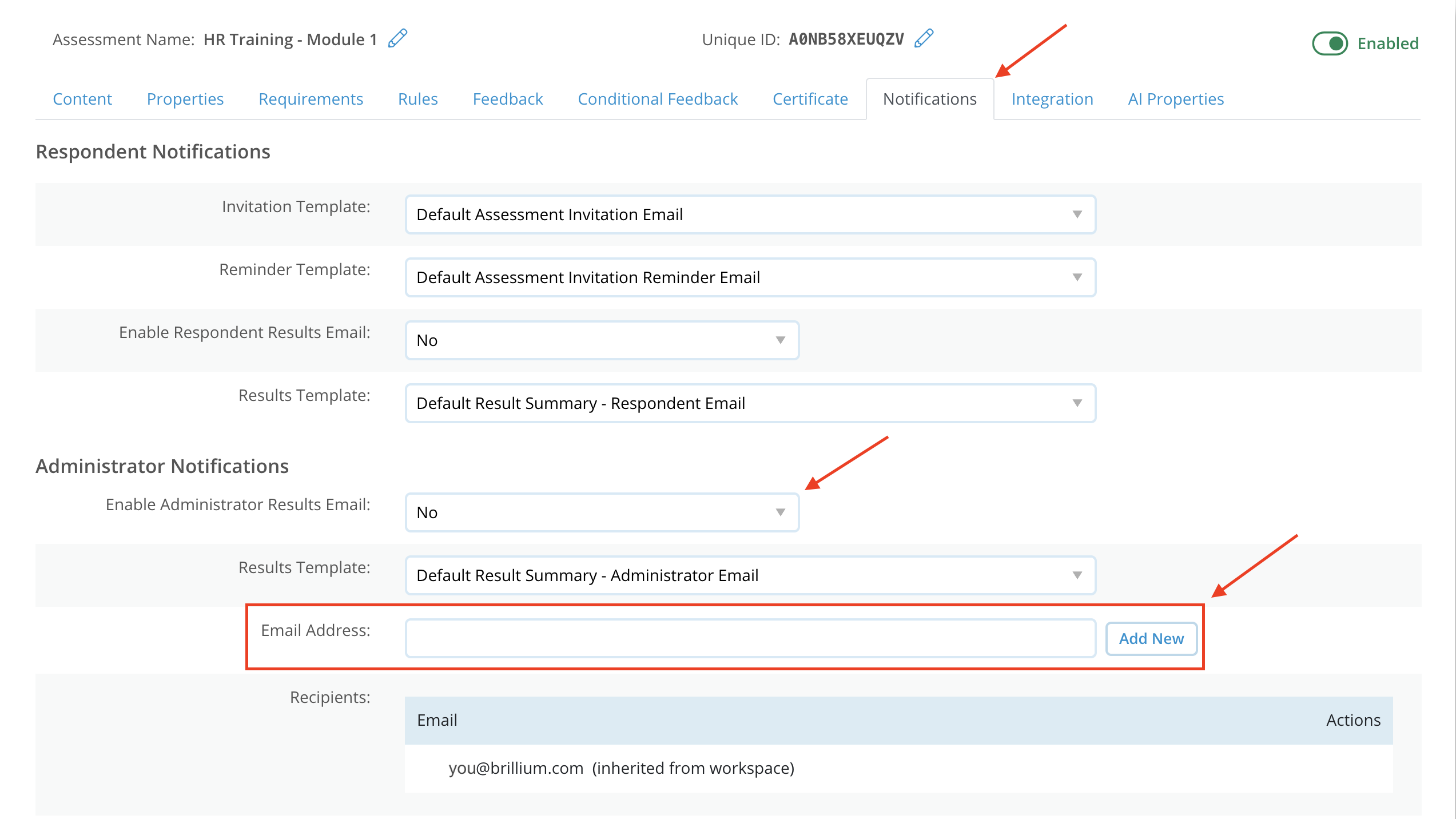 A screen image of the Notifications tab - Administrator notifications options